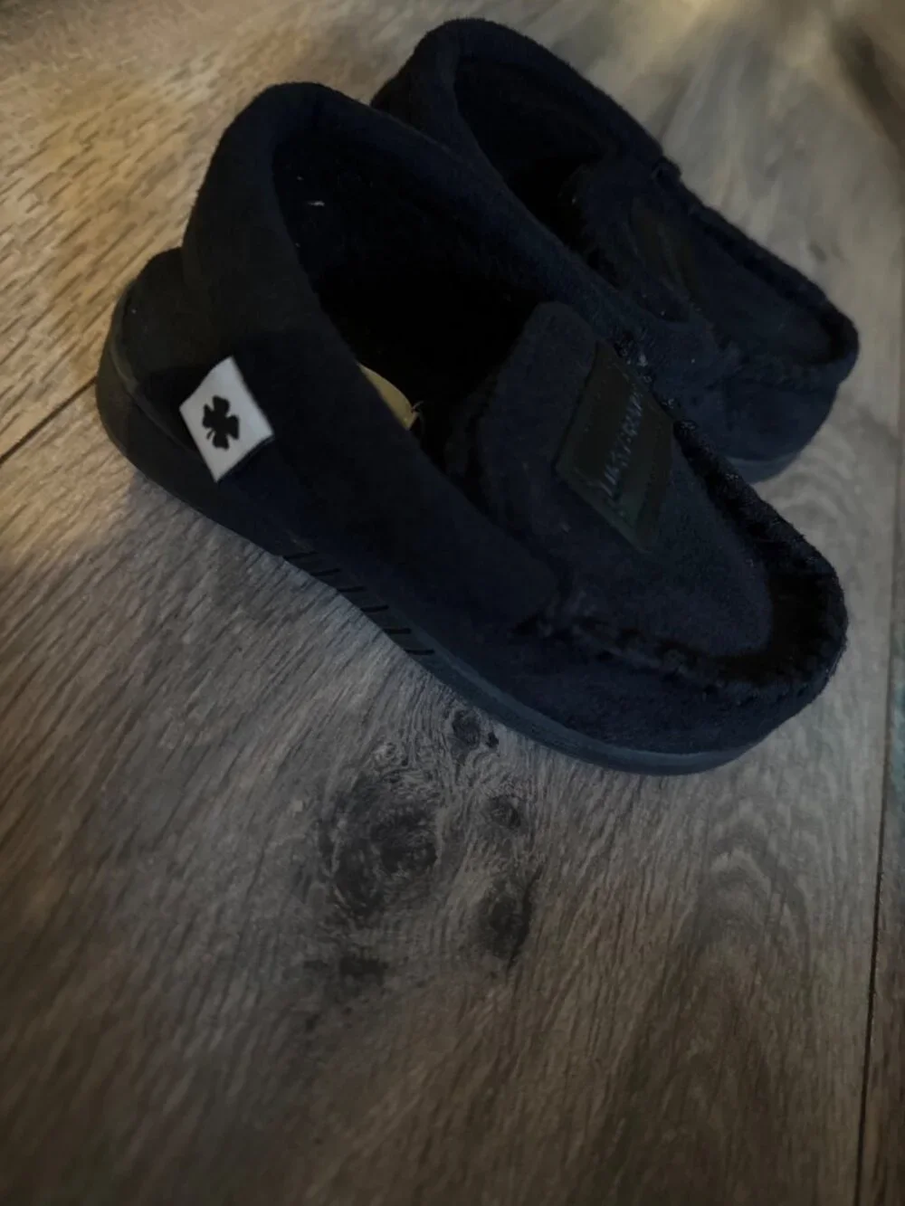 Lucky Brand Kids Black Micro Suede Moccasin-Style Slippers With Rubber Outsoles